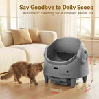Plianx Automatic Self-Cleaning Cat Litter Box walking towards an automatic litter box in a living room setting with dimensions displayed.