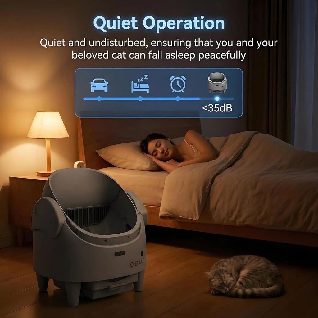 Woman sleeping peacefully with a cat in a bedroom, featuring a device labeled 'Quiet Operation'.