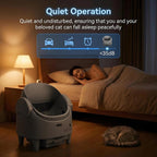 Woman sleeping peacefully with a cat in a bedroom, featuring a device labeled 'Quiet Operation'.