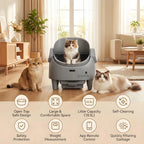 Plianx Automatic Self-Cleaning Cat Litter Box with cats in a living room setting, featuring product features.