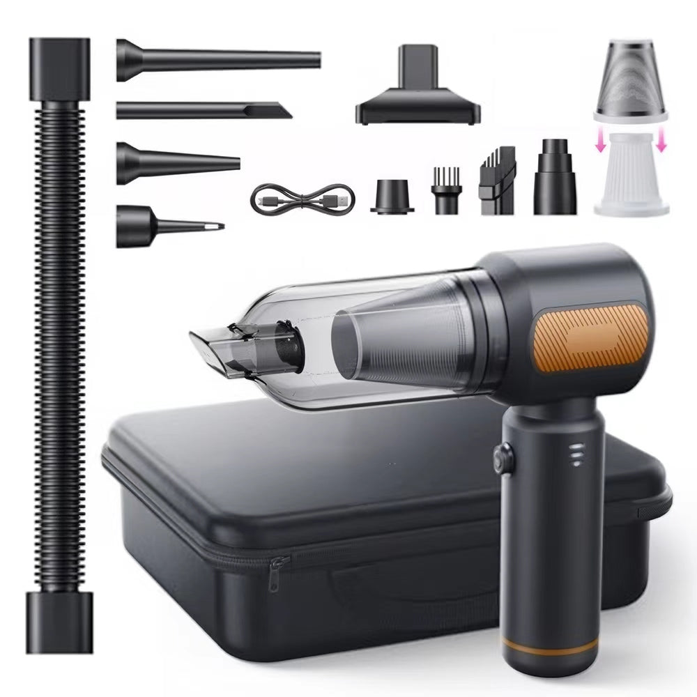 A Plianx  Car Vacuum Cleaner gold kit shown on a white background, including the main black and orange vacuum body, a transparent dust container, a flexible hose, multiple attachment nozzles, a charging cable, and a black carrying case.