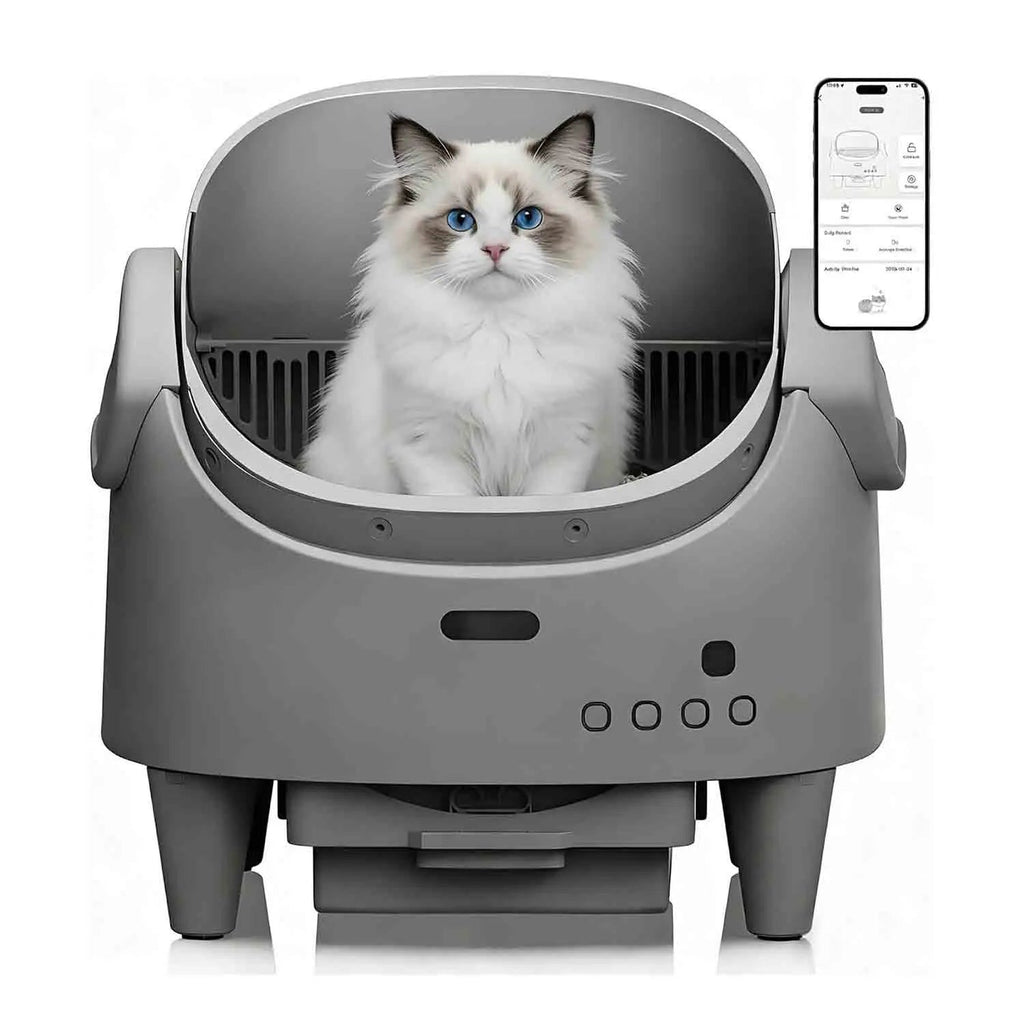 Plianx Cat Litter Box sitting inside a gray pet washing machine with a smartphone app displayed.