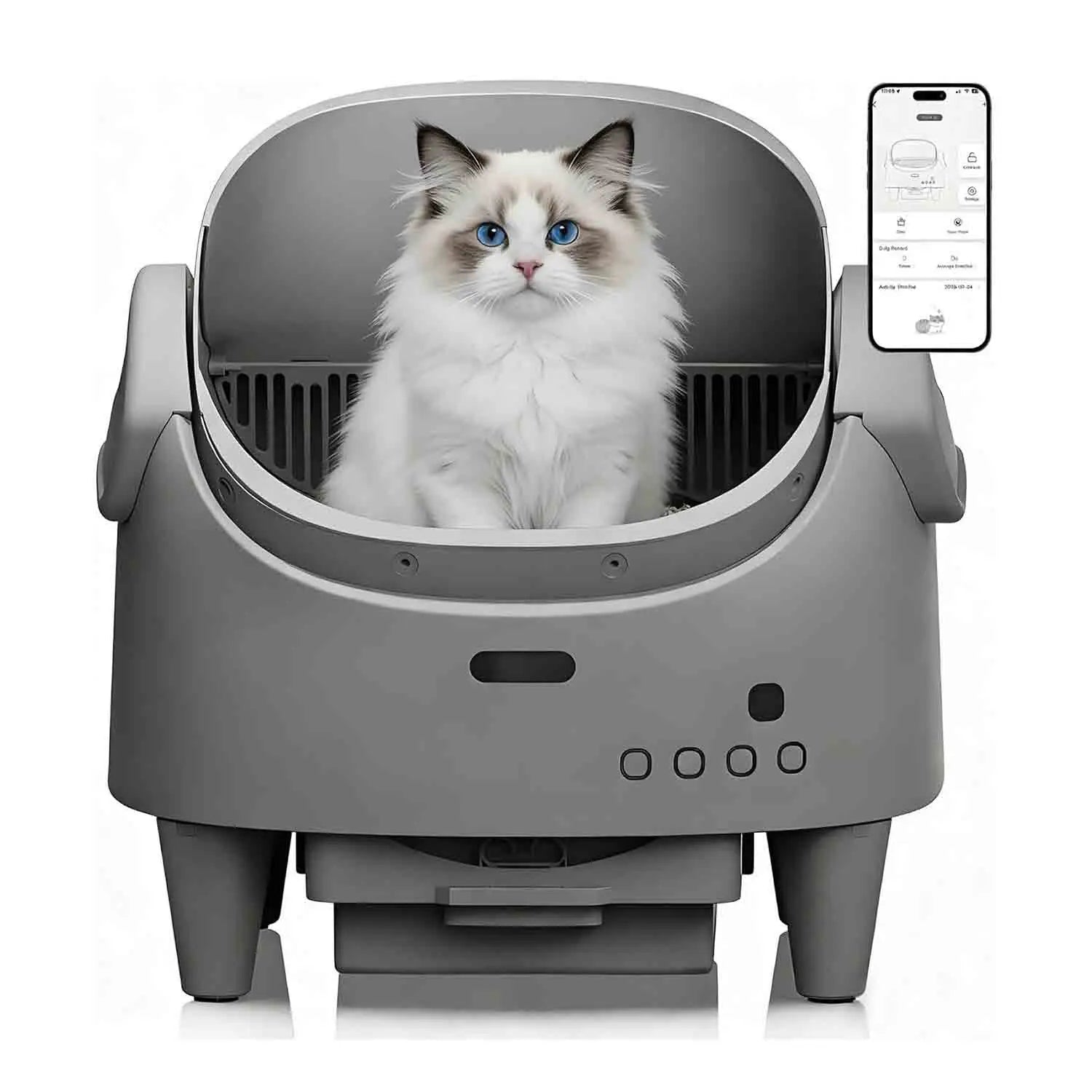 Plianx Cat Litter Box sitting inside a gray pet washing machine with a smartphone app displayed.