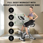 Woman exercising on a resistance bands exercise Plianx Exercise Bike in a home setting.