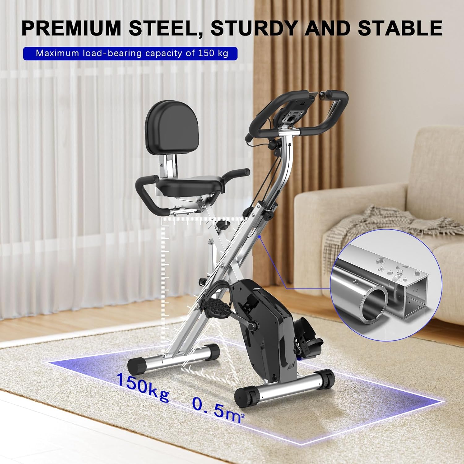 Plianx Exercise Bike with premium steel frame in a living room setting