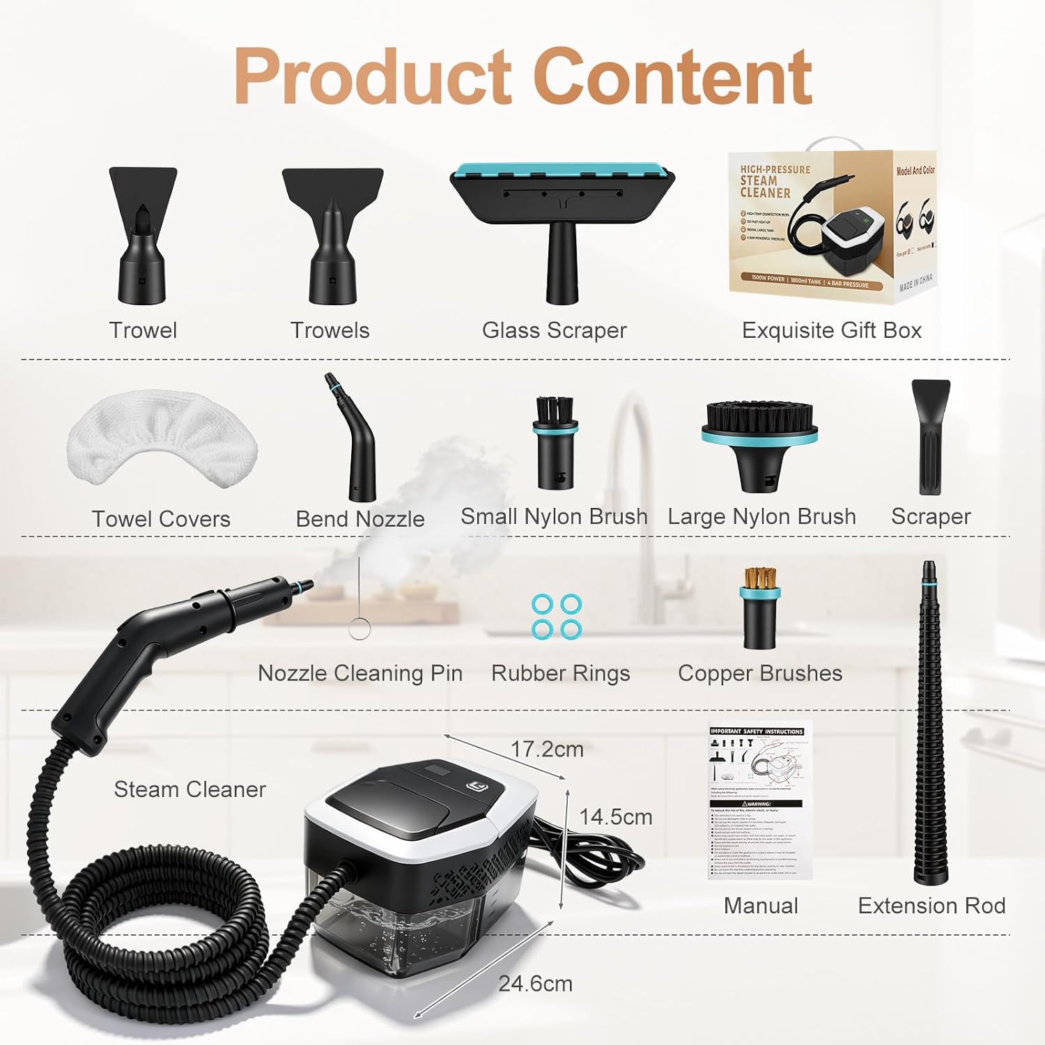 Collection of high-pressure washer attachments and accessories with product details on a white background.