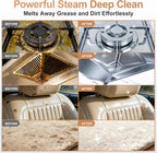 Before and after images of a stove, air vent, car seat, and floor mat cleaned with a steam cleaner.