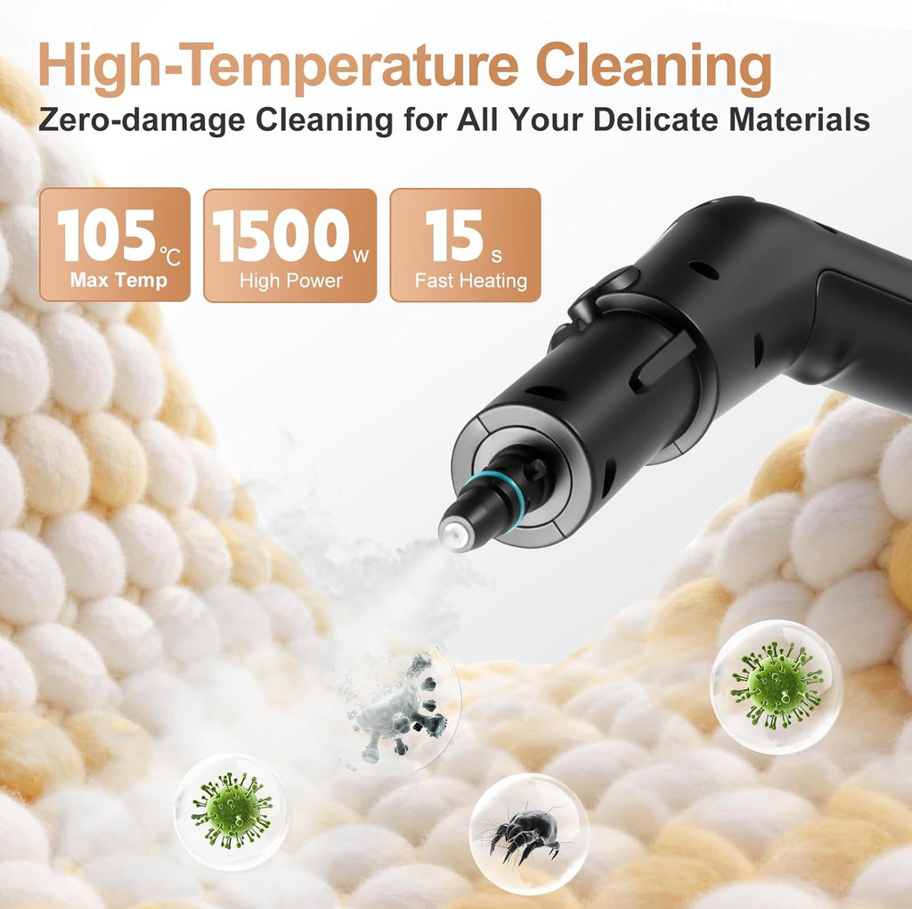 High-temperature cleaning tool with specifications and cleaning capabilities on a background of white and beige stones.