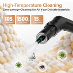 High-temperature cleaning tool with specifications and cleaning capabilities on a background of white and beige stones.