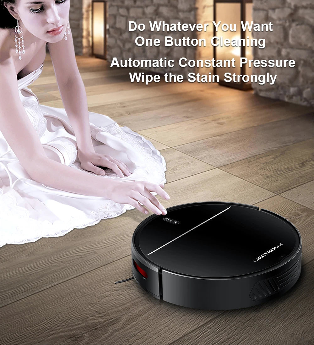 Plianx M7S Robot Vacuum on a wooden floor with text highlighting its features.