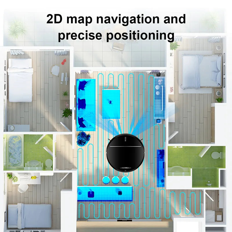 Plianx M7S Robot Vacuum mapping a room with 2D map navigation and precise positioning text above.