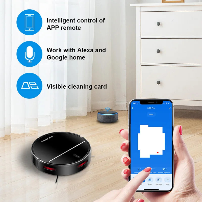 Plianx M7S Robot Vacuum on a wooden floor with a smartphone app interface displayed.