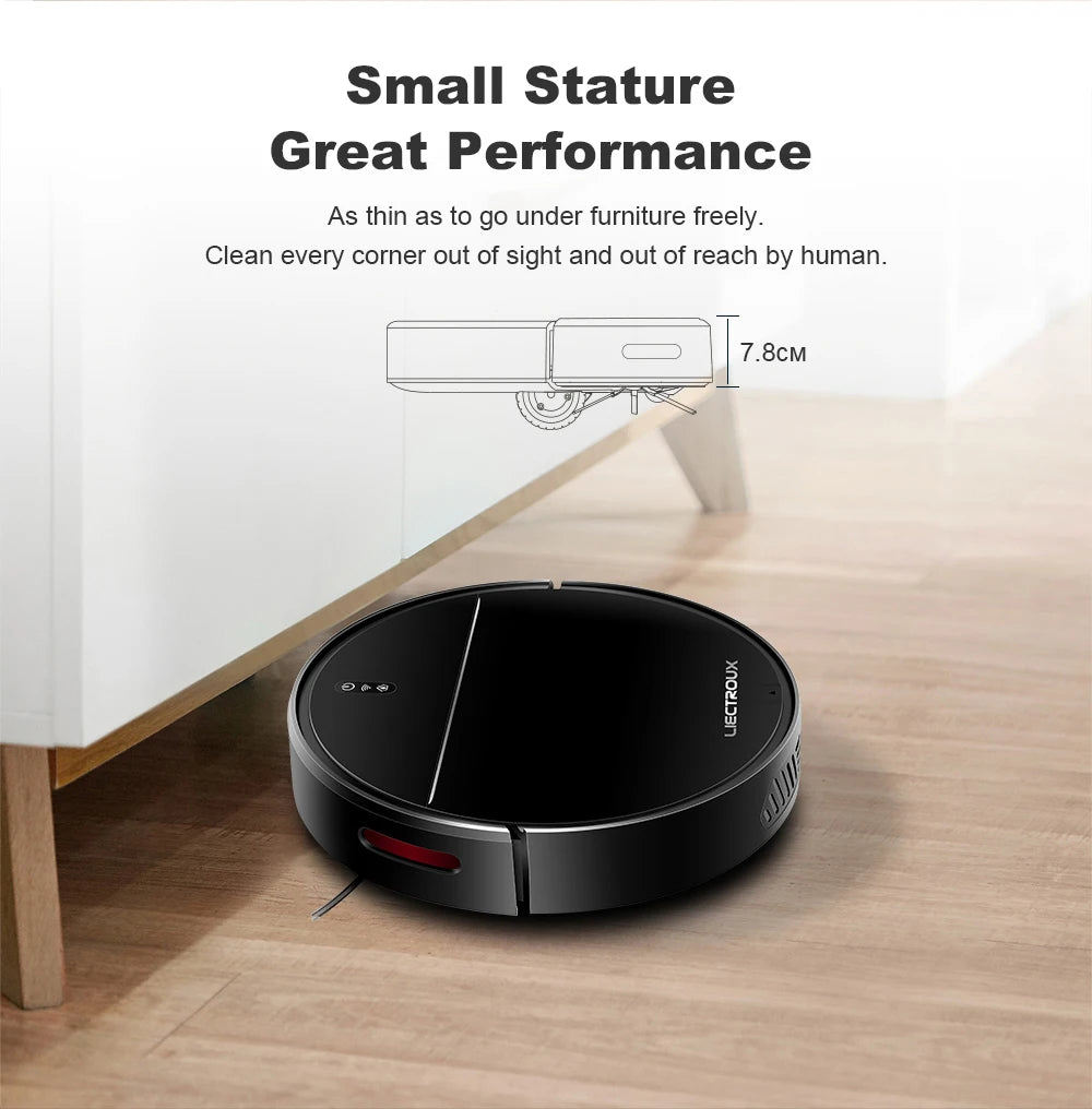 Plianx M7S Robot Vacuum under a piece of furniture with text highlighting its small stature and performance.