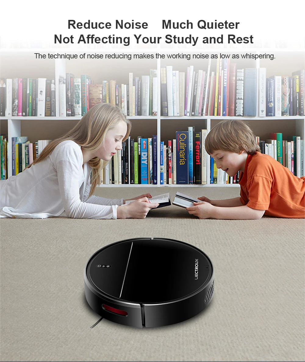Plianx M7S Robot Vacuum on a carpet with children reading books in the background