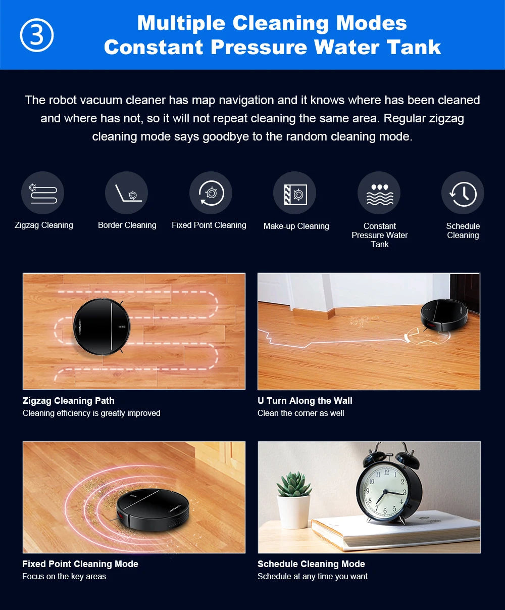 Plianx M7S Robot Vacuum features with cleaning modes on a blue background