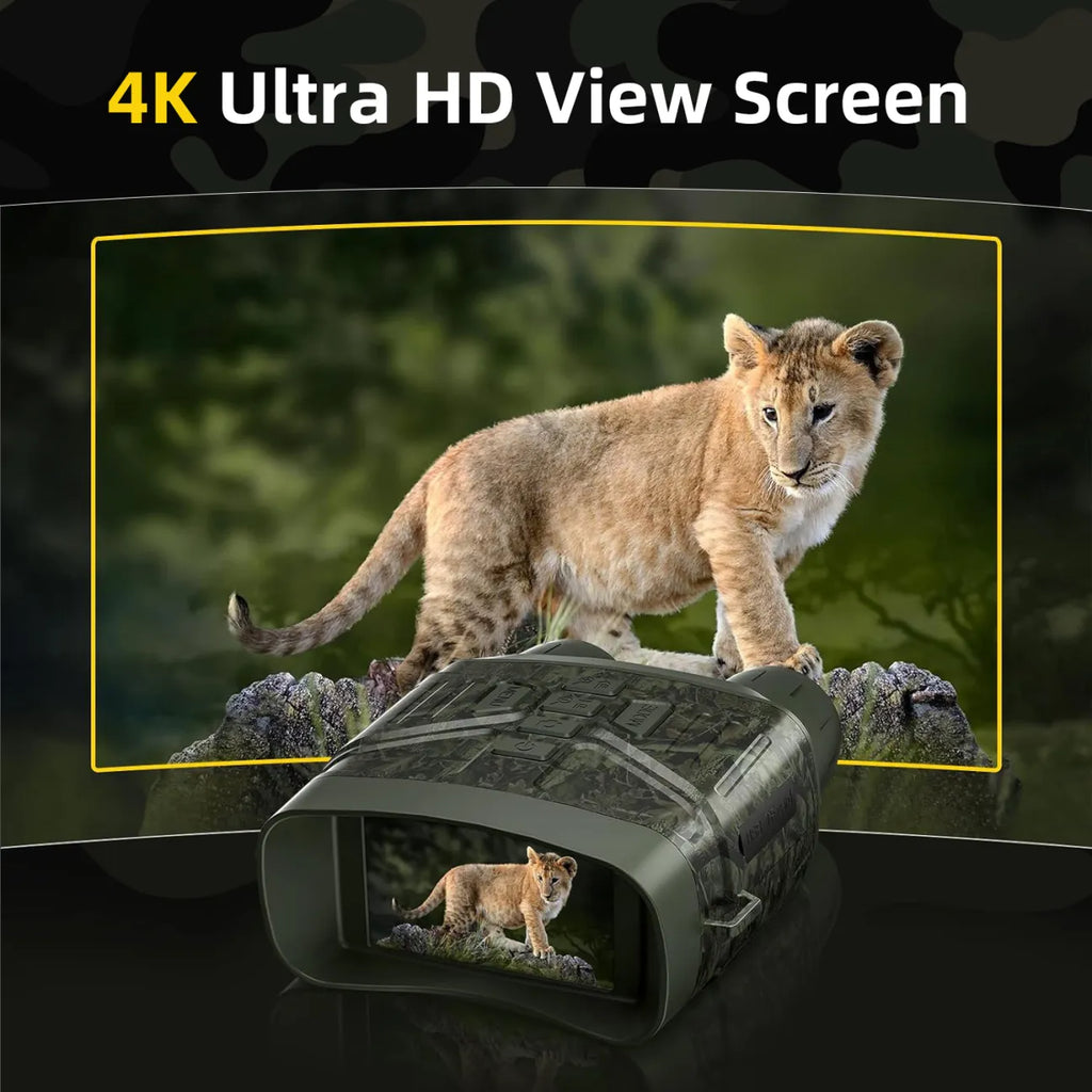 Plianx N4 Night Vision Goggles with 4K Ultra HD view screen displaying a lion cub in a natural setting.