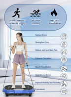 Woman using a Plianx Vibration Plate with health benefits listed on a blue background