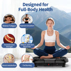 Woman using a Plianx Vibration Plate with health benefits listed on a scenic background