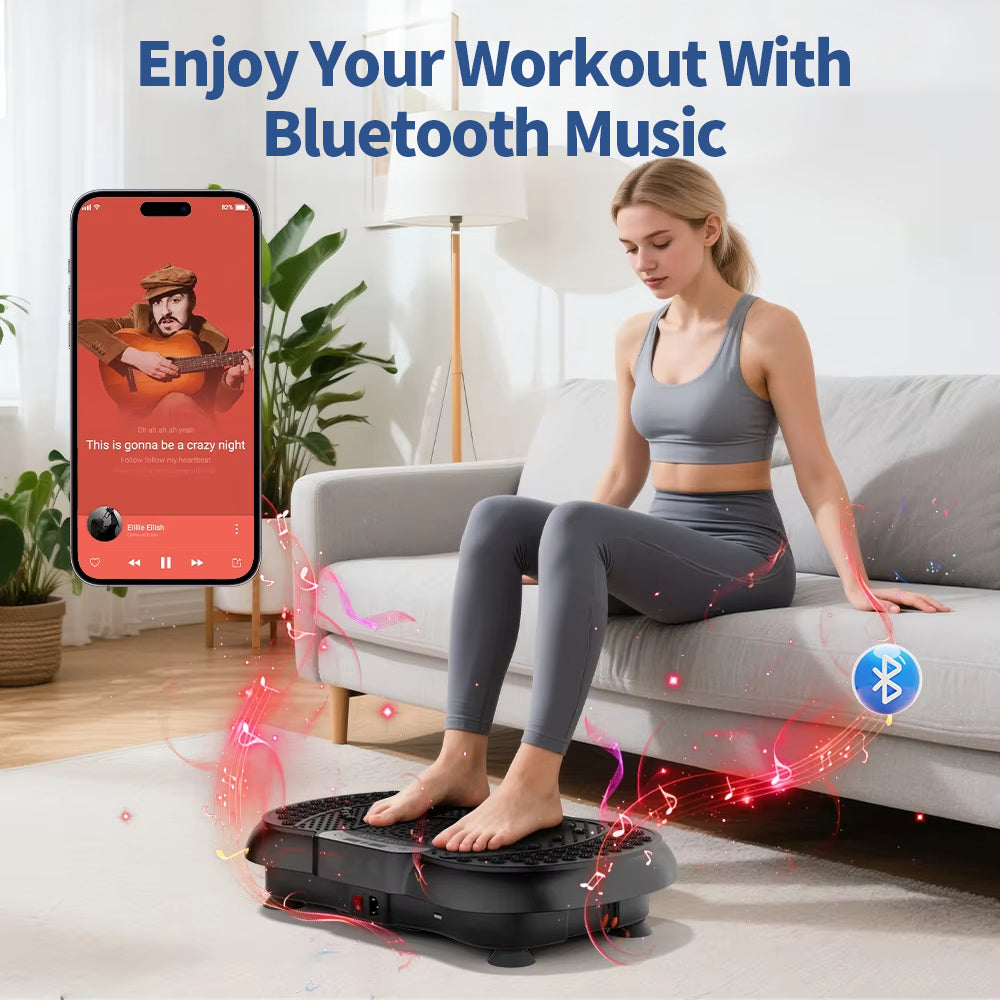 Woman using a Plianx Vibration Plate with Bluetooth music app on smartphone in a living room setting