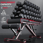 Set of dumbbells and Plianx Weight Bench with text highlighting capacity and features on a dark background