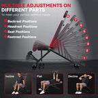 Multifunctional exercise Plianx Adjustable Weight Bench with adjustable parts and user positions on a dark background