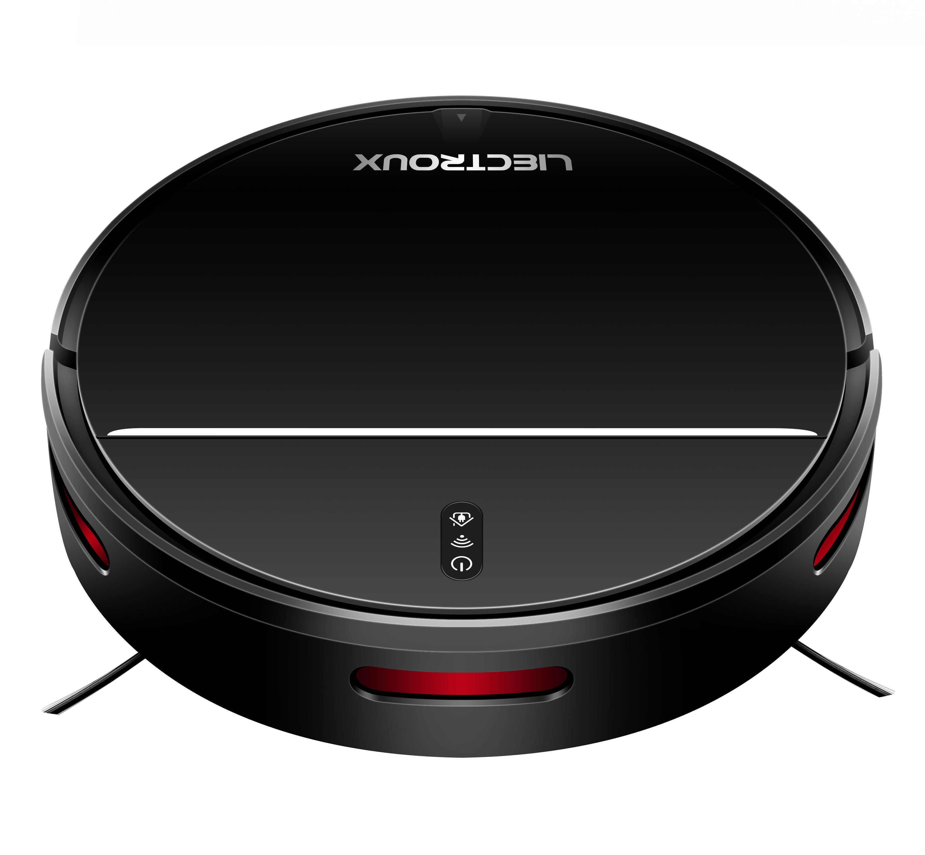 Black Plianx M7S Robot Vacuum with red accents on a white background