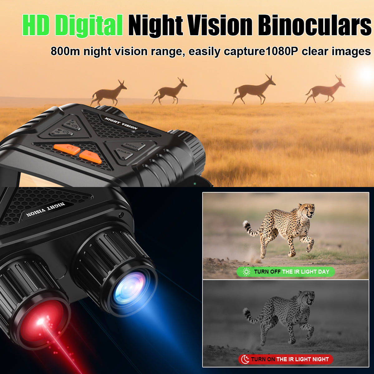 HD Digital PossNiox Night Vision Binocular with night vision range and image capture capabilities, shown with a cheetah in a savannah setting.