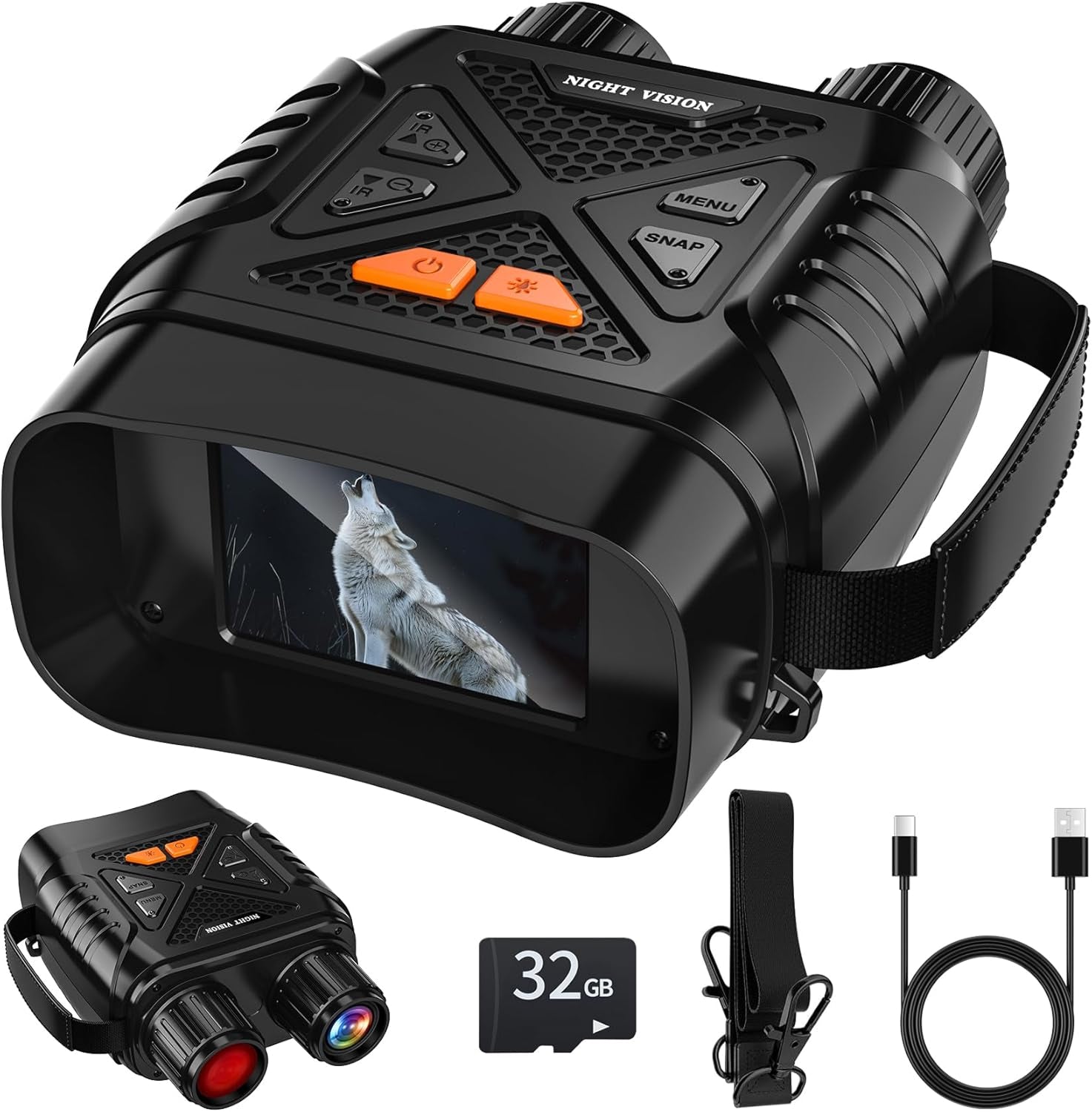 Black PossNiox Night Vision Binocular with screen displaying a wolf, accompanied by accessories on a white background.