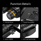 Product function details with focus on precision, mountability, storage capacity, and safety features.