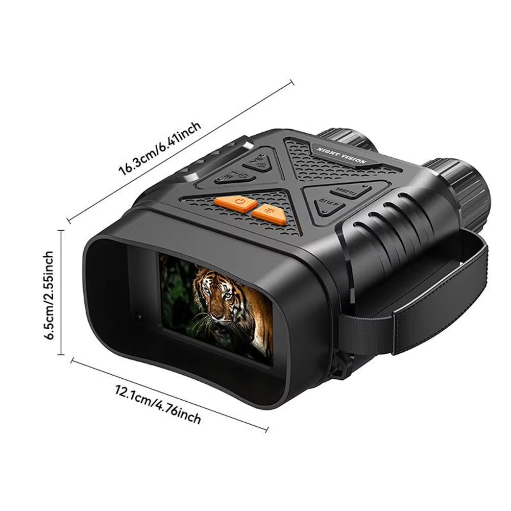 Black PossNiox Night Vision Binocular with a screen displaying a tiger, showing dimensions on a white background.