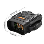 Black PossNiox Night Vision Binocular with a screen displaying a tiger, showing dimensions on a white background.