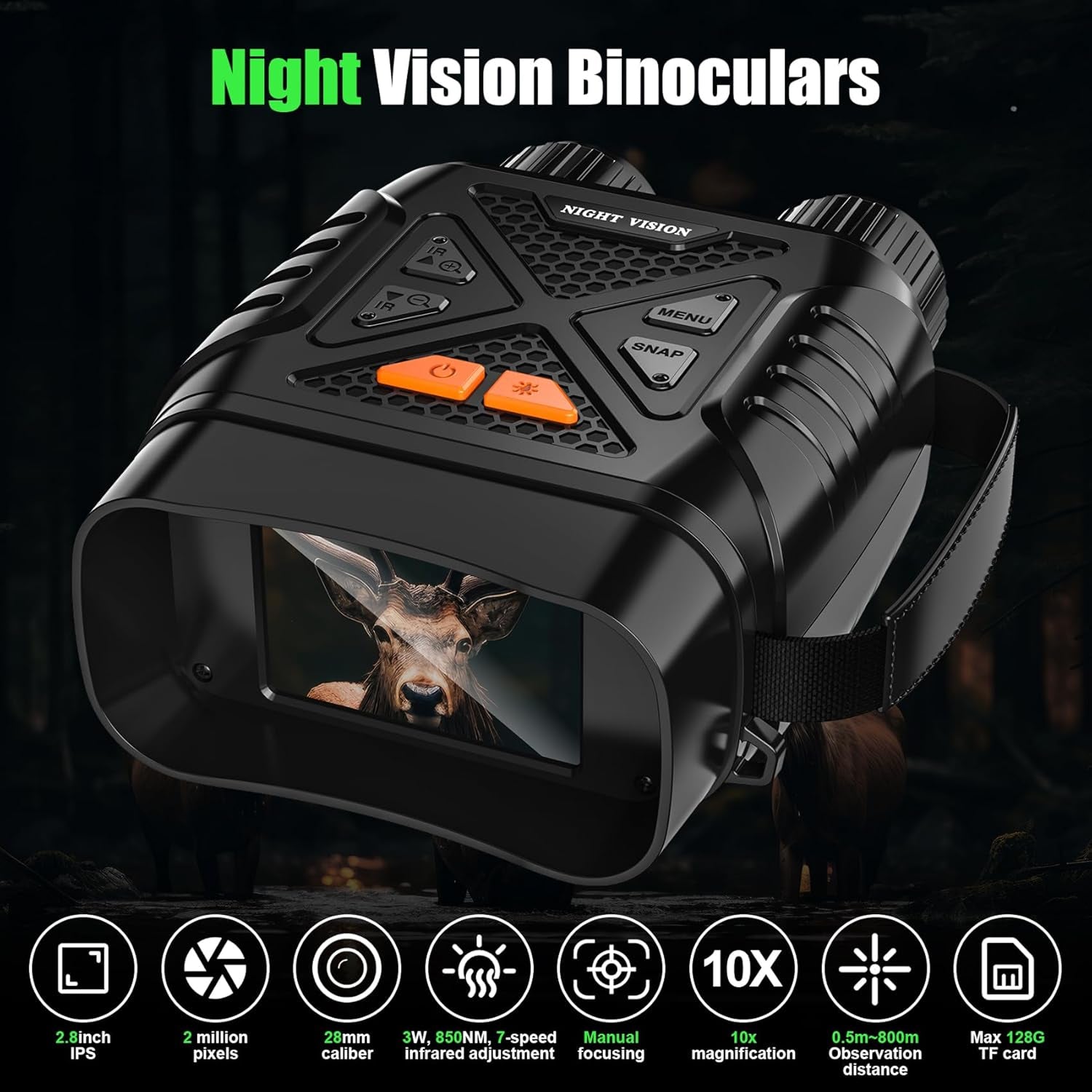 PossNiox Night Vision Binocular with a deer image on screen against a dark background