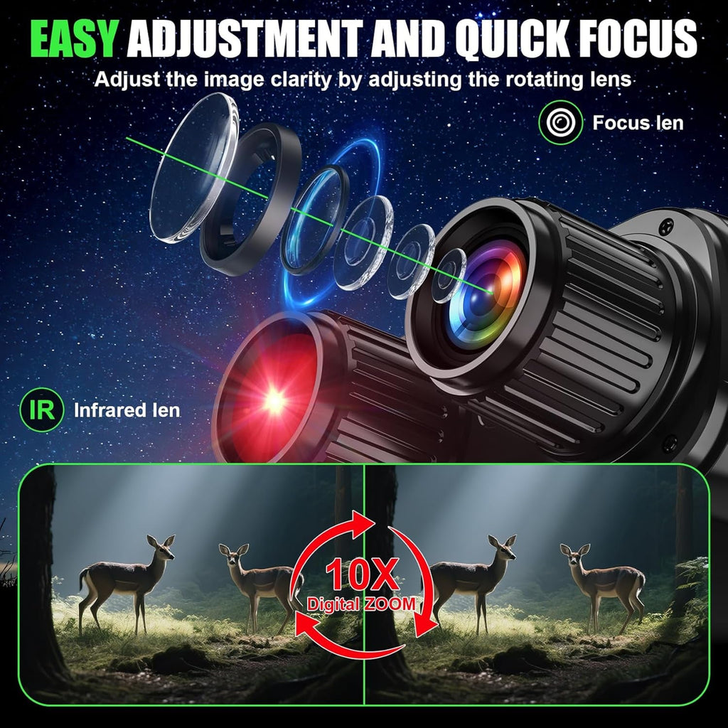 PossNiox Night Vision Binocular with focus and infrared elements, showing deer in a forest at night.