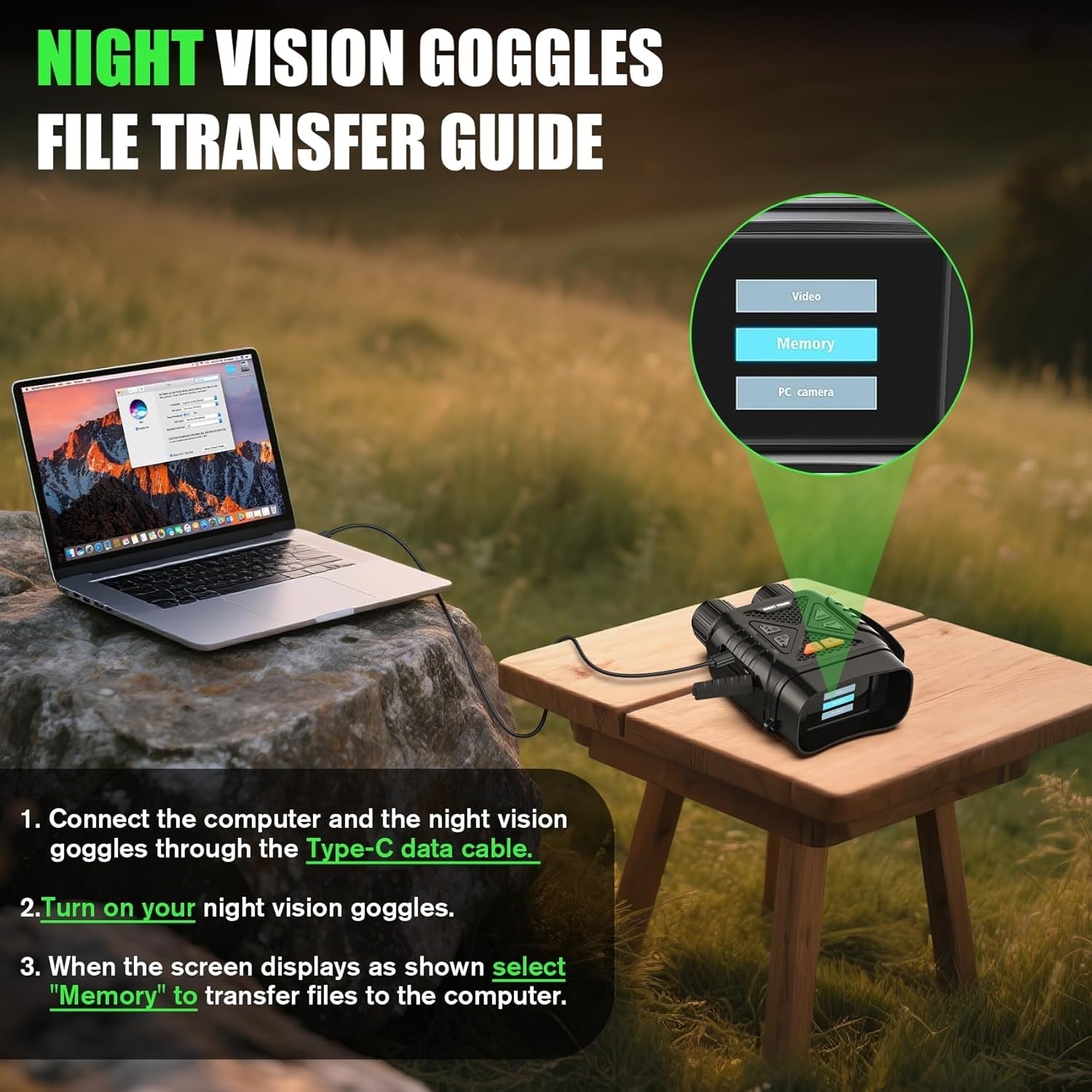 possniox Night vision goggles with laptop setup guide in a natural setting