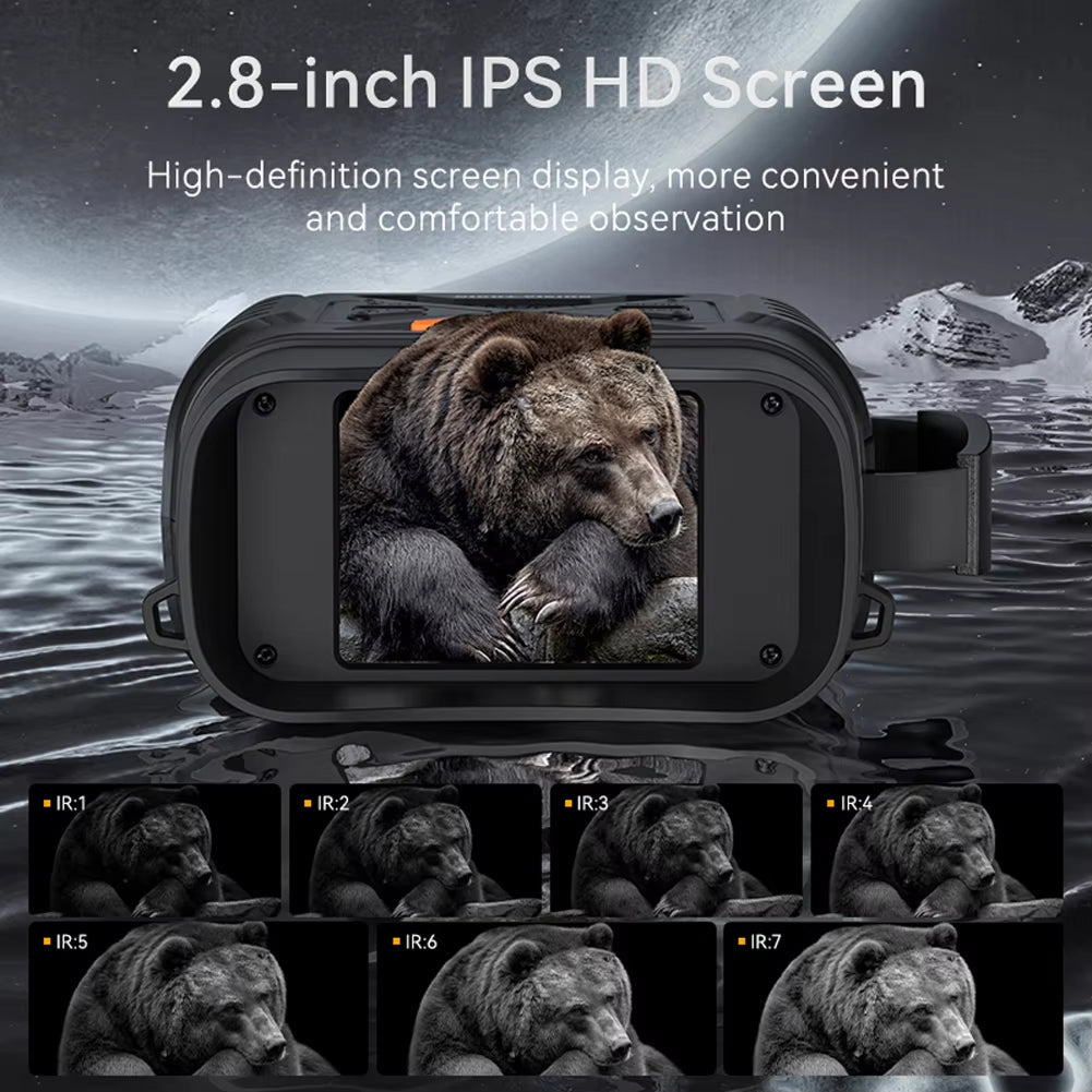 PossNiox Night Vision Binocular with screen displaying a bear, surrounded by water and mountains.