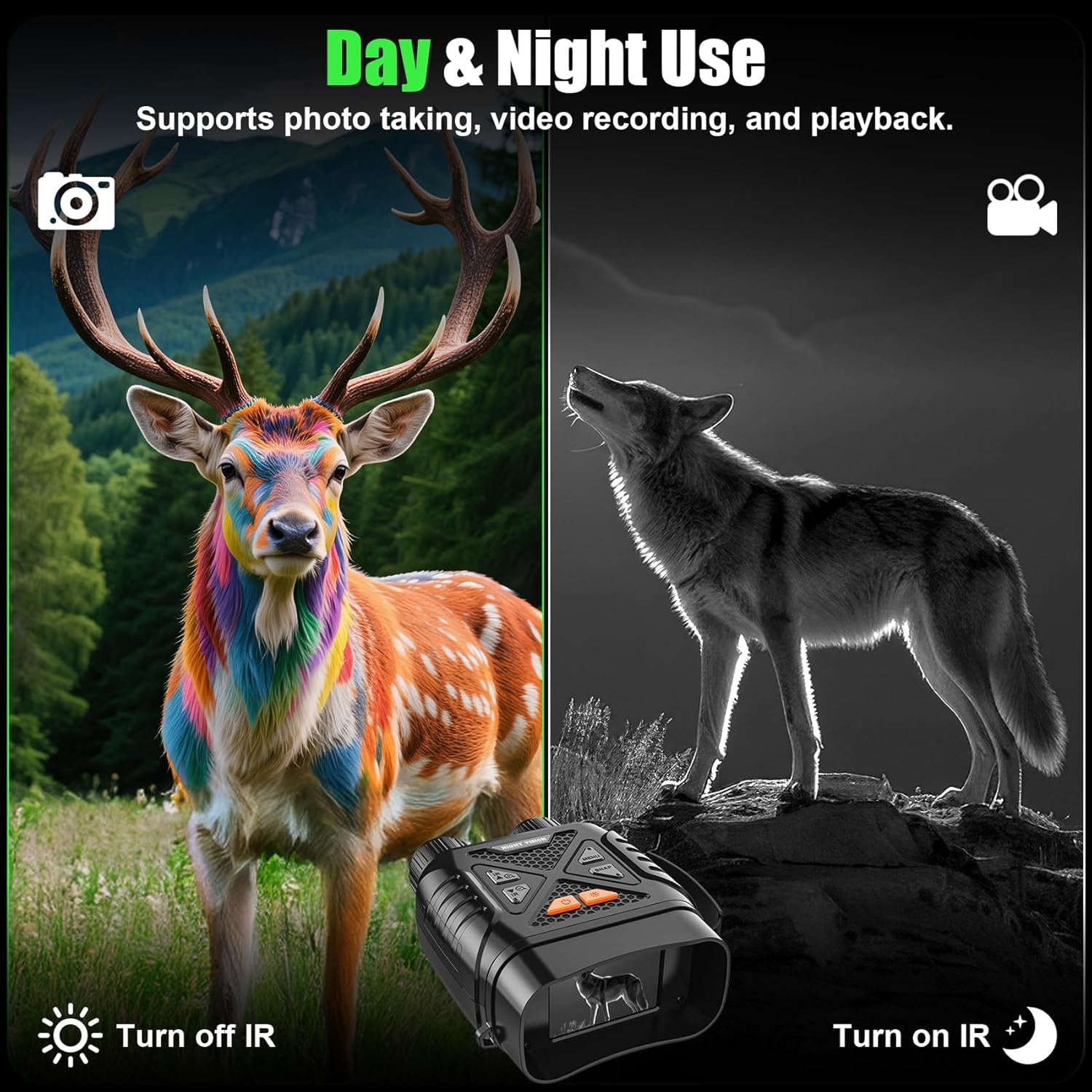 PossNiox Night Vision Binocular with a deer and wolf illustration, highlighting day and night use features.