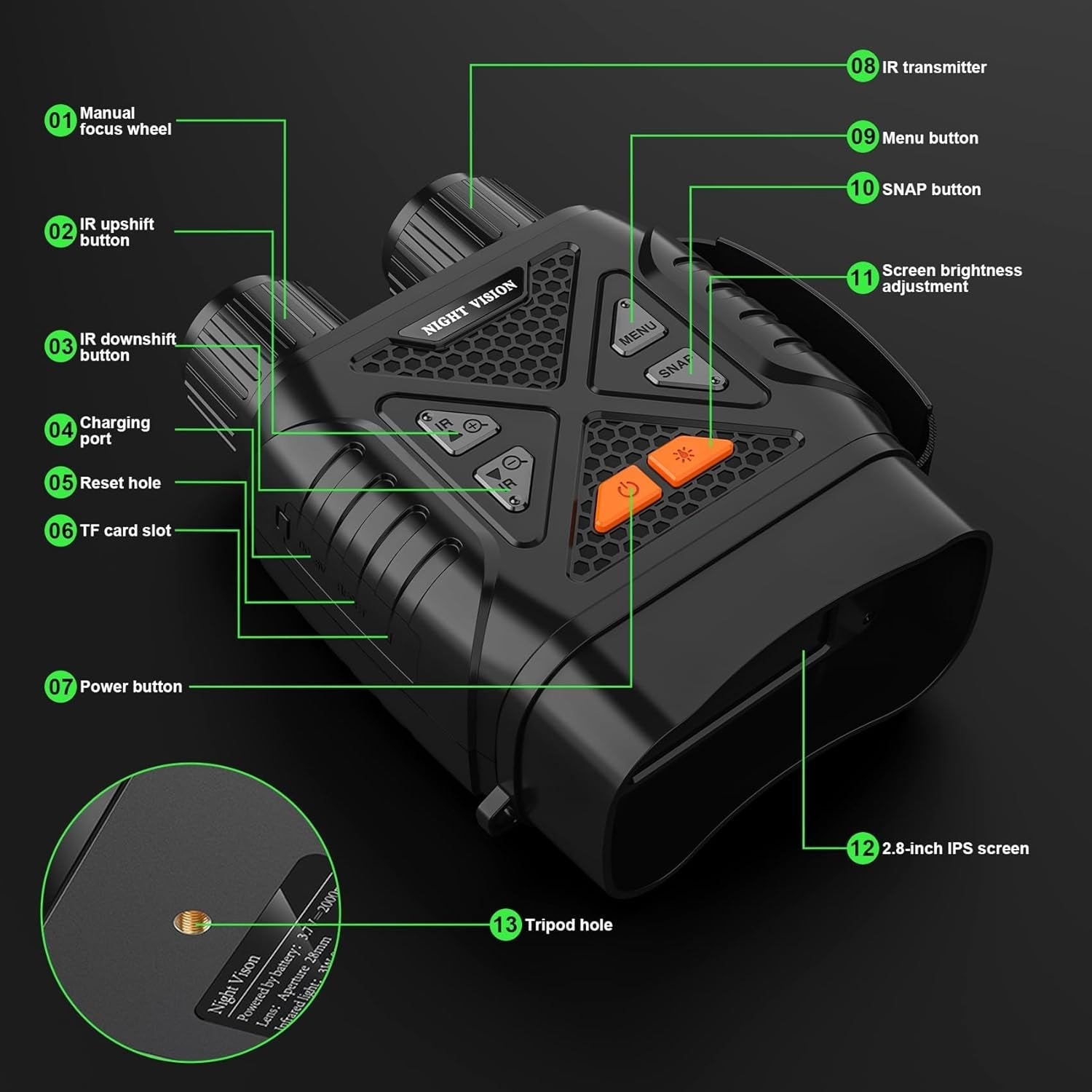 Black PossNiox Night Vision Binocular with labeled features on a black background