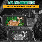 Camera with large LCD display screen showing a deer in both day and night modes, with text 'Day and Night Use' and 'Large LCD Display Screen'.