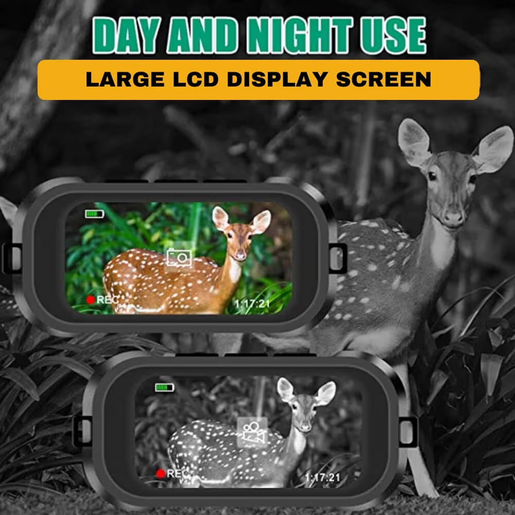 Camera with large LCD display screen showing a deer in both day and night modes, with text 'Day and Night Use' and 'Large LCD Display Screen'.