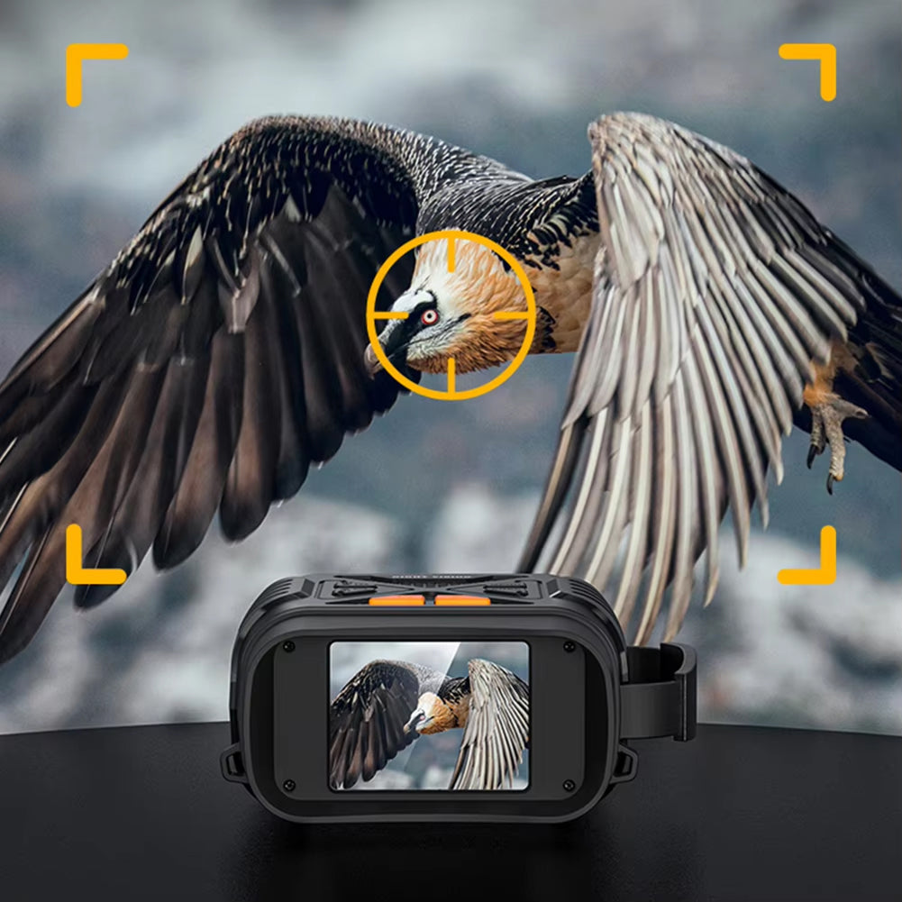Bird of prey in flight with a PossNiox Night Vision Binocular displaying its image on a screen.