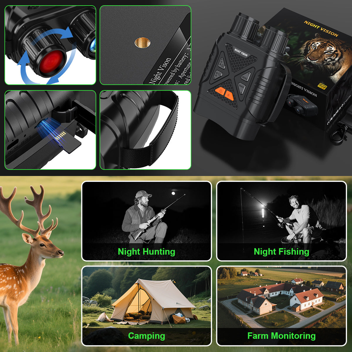 Collage of PossNiox Night Vision Binocular with applications for hunting, fishing, camping, and monitoring.