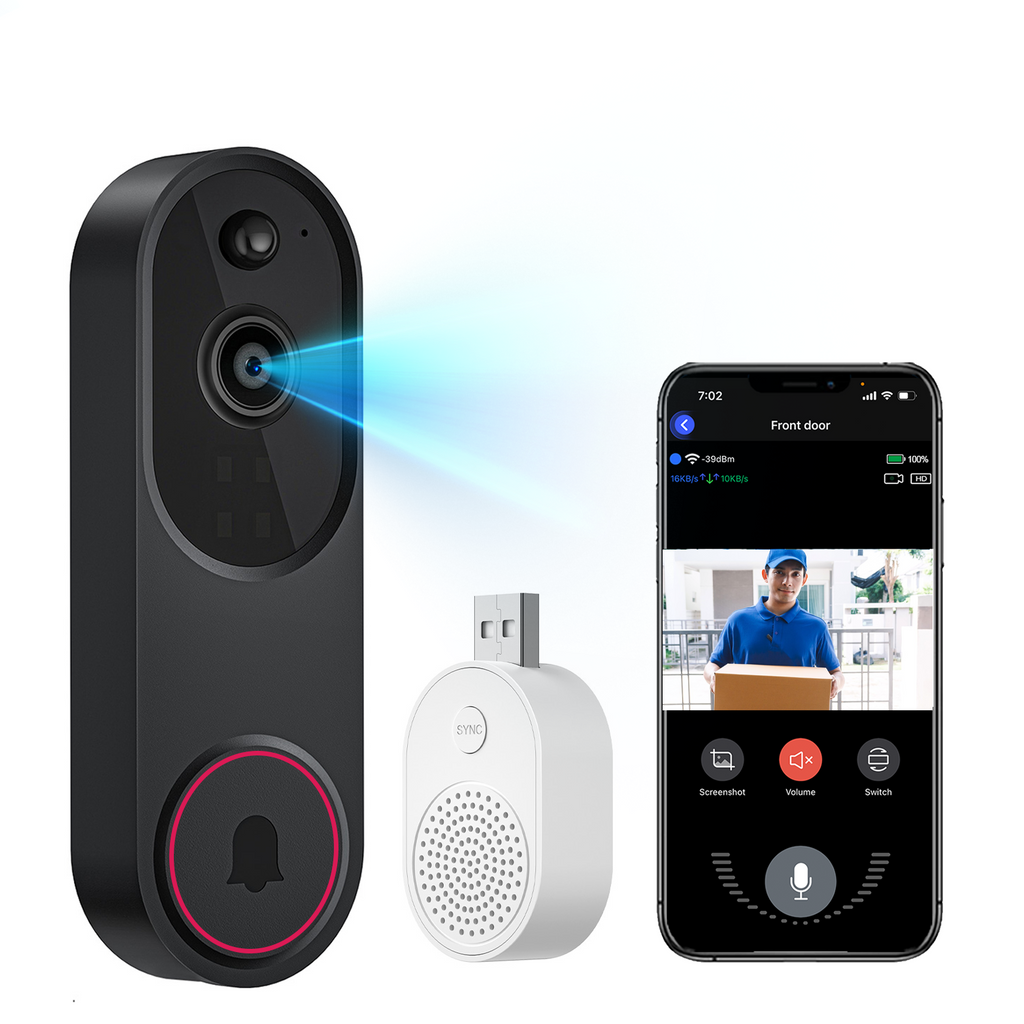 Praxia Doorbell Camera system with camera, speaker, and smartphone app interface on a white background