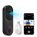Praxia Doorbell Camera system with camera, speaker, and smartphone app interface on a white background