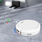Qinux Cebrot Robotic vacuum cleaner on a tiled floor with battery icon and charging station illustration.
