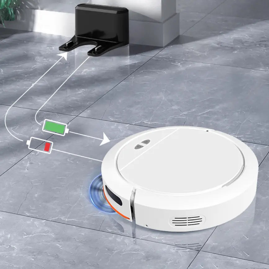 Qinux Cebrot Robotic vacuum cleaner on a tiled floor with battery icon and charging station illustration.