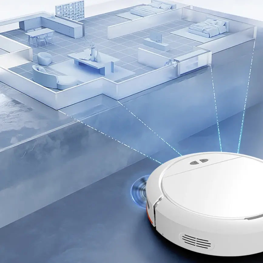 Qinux Cebrot Robotic vacuum cleaner mapping a home floor plan with blue lines
