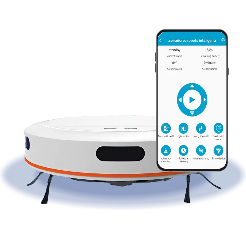 Qinux Cebrot Robotic vacuum cleaner with smartphone displaying app interface on a white background