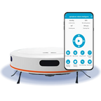 Qinux Cebrot Robotic vacuum cleaner with smartphone displaying app interface on a white background