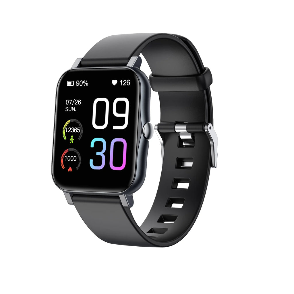 Black Qnixwatch Smartwatch with a colorful display on a white background