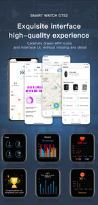 Qnixwatch Smartwatch interface with various app icons and screens on a dark blue background